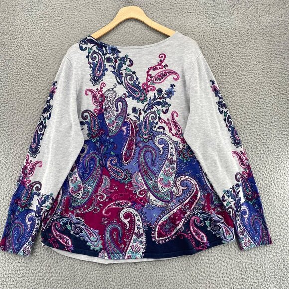 Chicos Sweater Womens 2 US Large Gray Multi Paisley VNeck Pullover Stretch Light - Picture 11 of 11